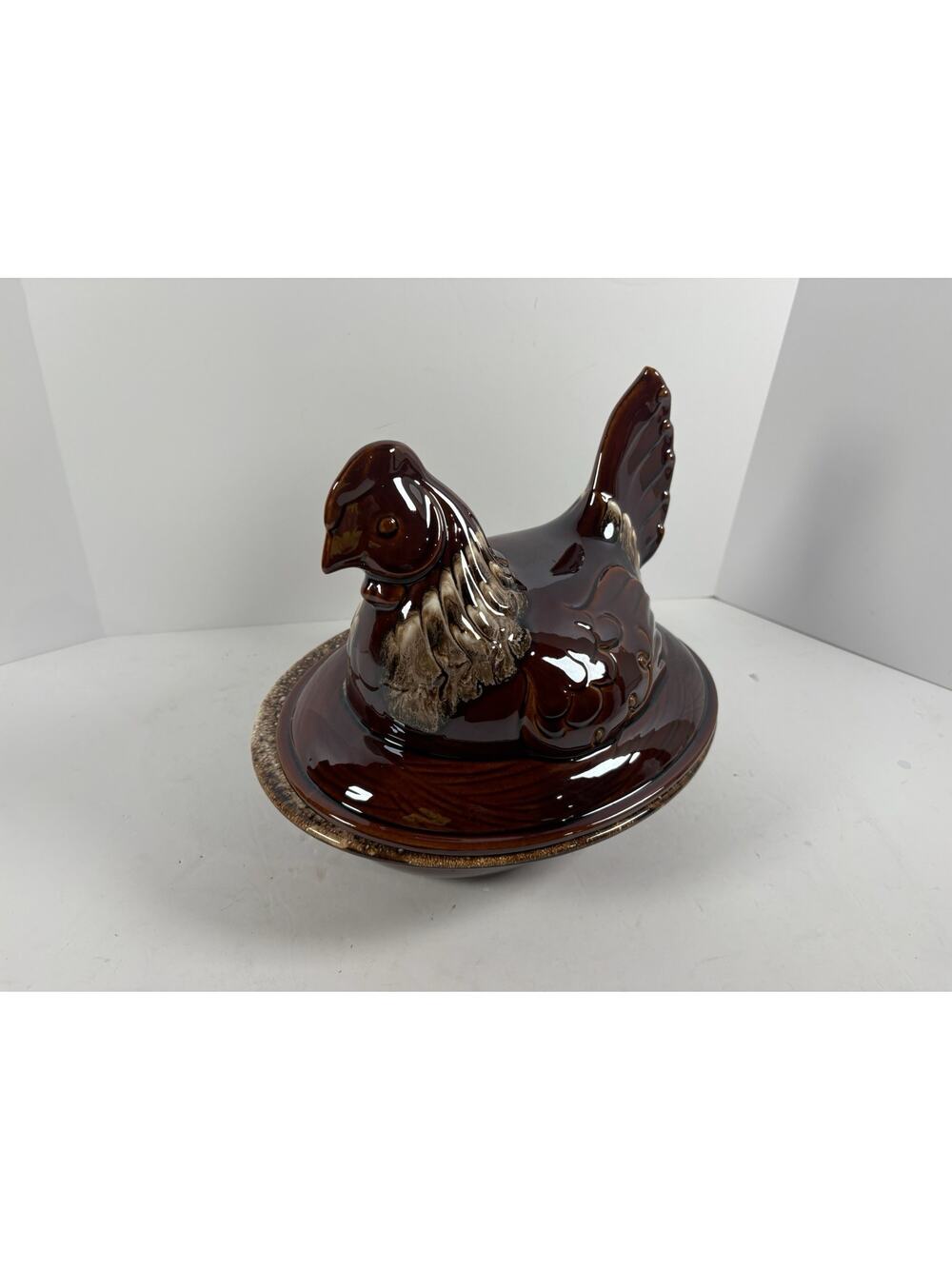 Hull Brown Ceramic Hen Covered Dish Glossy Pottery Farm Animal USA